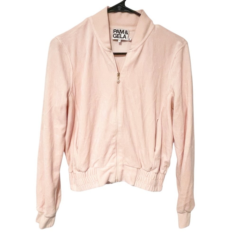 Pam & Gela Women's Size Small Pink Velour Cropped Classic Zip Up Jacket